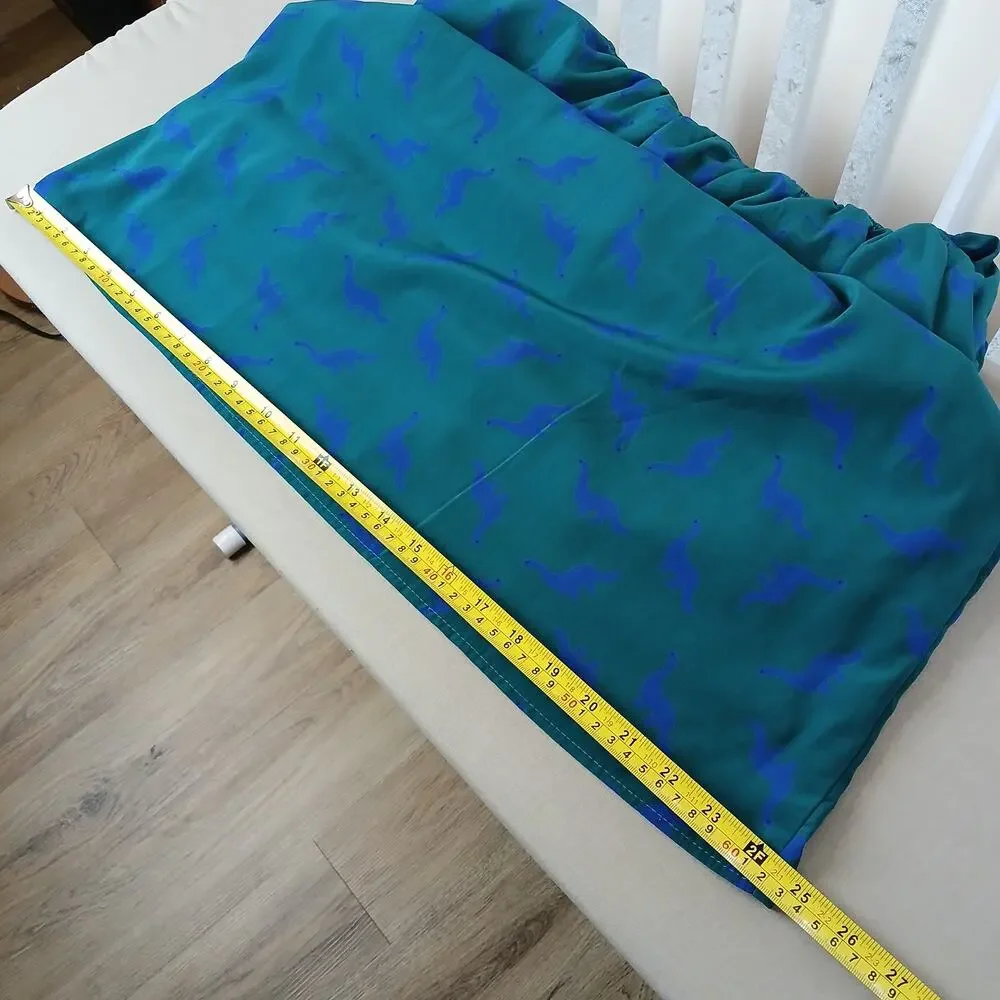 Peach Love California ModCloth Dino Print Dress M green blue blouson midi - Picture 12 of 13